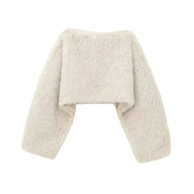 Teonclothingshop Women's Crop Faux Fur Coat Street O-neck Long Sleeve