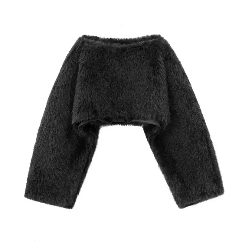 Teonclothingshop Women's Crop Faux Fur Coat Street O-neck Long Sleeve