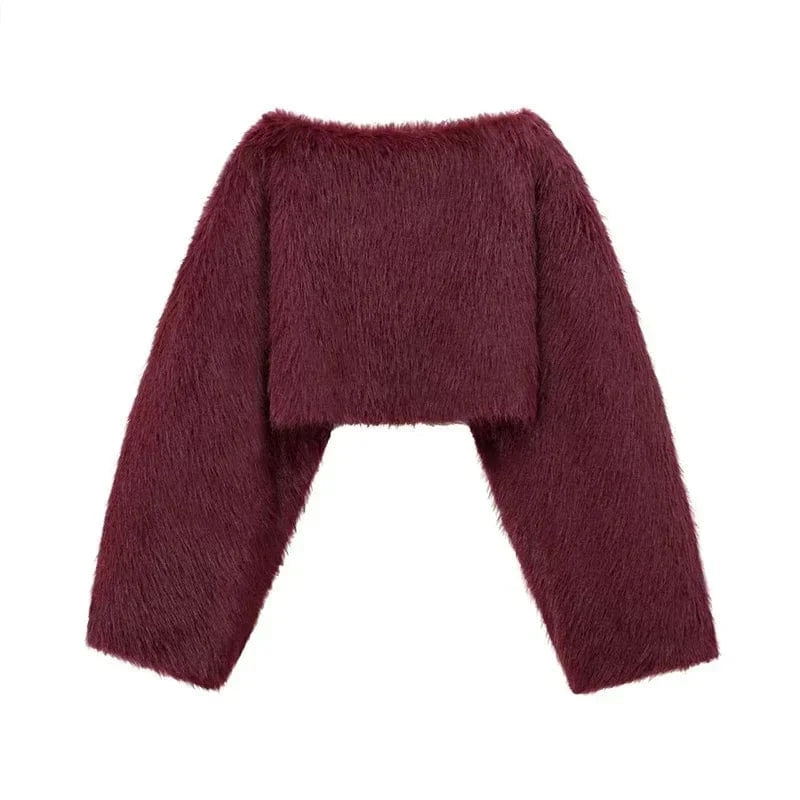 Teonclothingshop Women's Crop Faux Fur Coat Street O-neck Long Sleeve