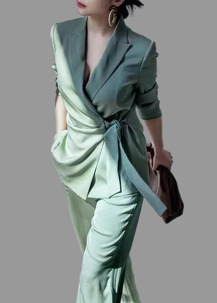 Woman wearing a light green outfit with a ZANZEA label in the corner.