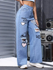 Teonclothingshop Women's High Waist Button Up Butterfly Print Jeans