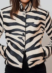 Zebra pattern jacket worn by a person on a plain background