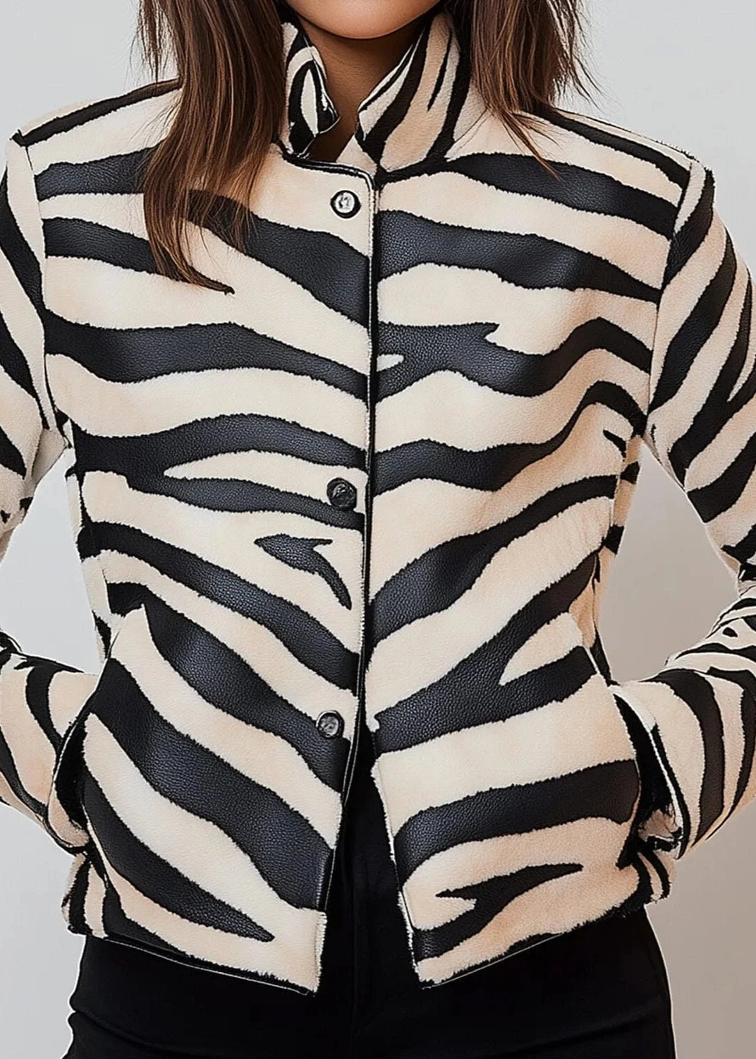 Zebra pattern jacket worn by a person on a plain background