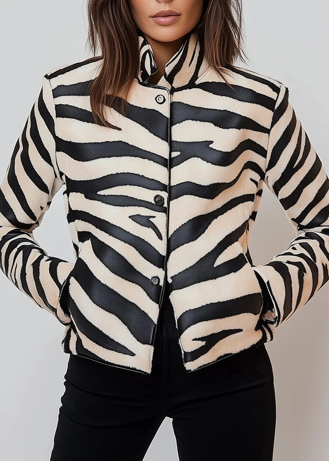 Zebra patterned jacket worn by a person on a plain background