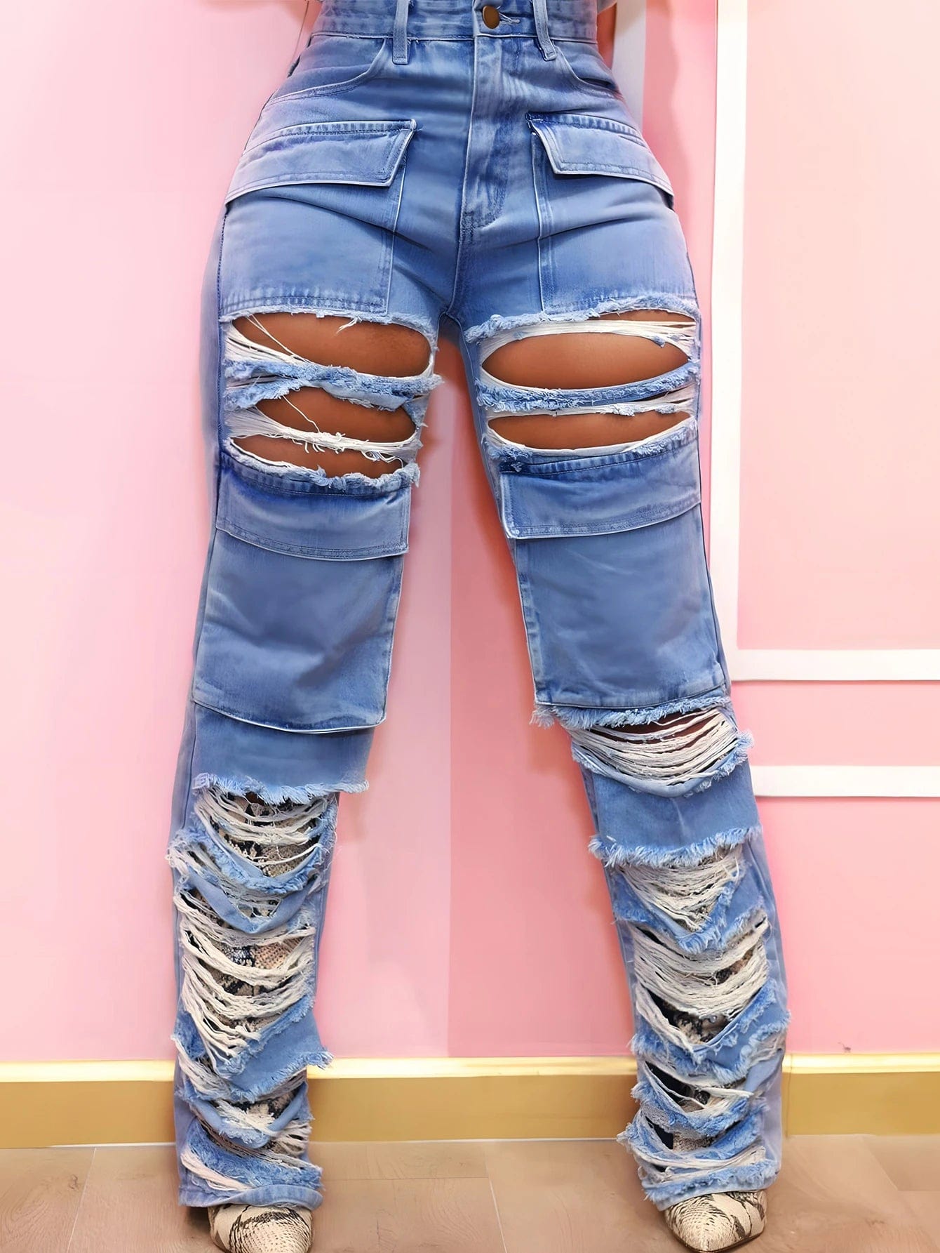 Teonclothingshop Women Straight Leg Ripped Jeans