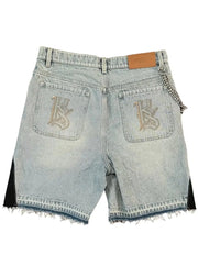 Light blue denim shorts with brand logo on a white background