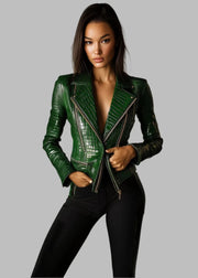 Model wearing a green crocodile-patterned leather jacket against a gray background