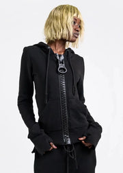 Person wearing a black hoodie with a unique zipper design on a white background