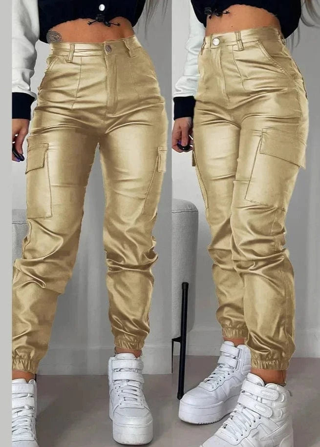 Pocket Design Cuffed PU Leather Pants