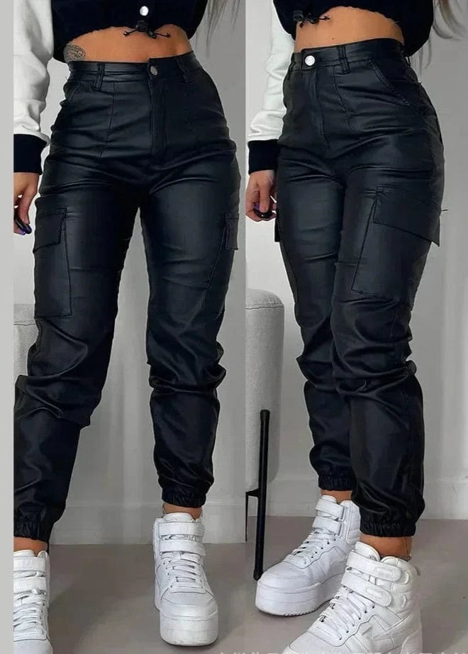 Pocket Design Cuffed PU Leather Pants