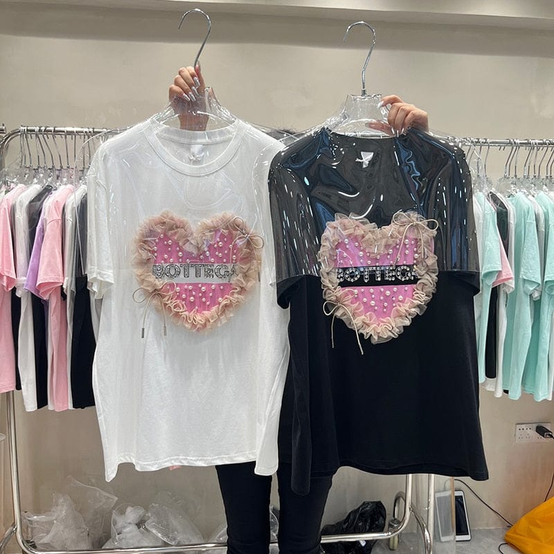 Teon Clothing Shop 2022 Mid-Length Women's Basic Cotton T-shirts, New Summer Diamond Beaded T-shirts