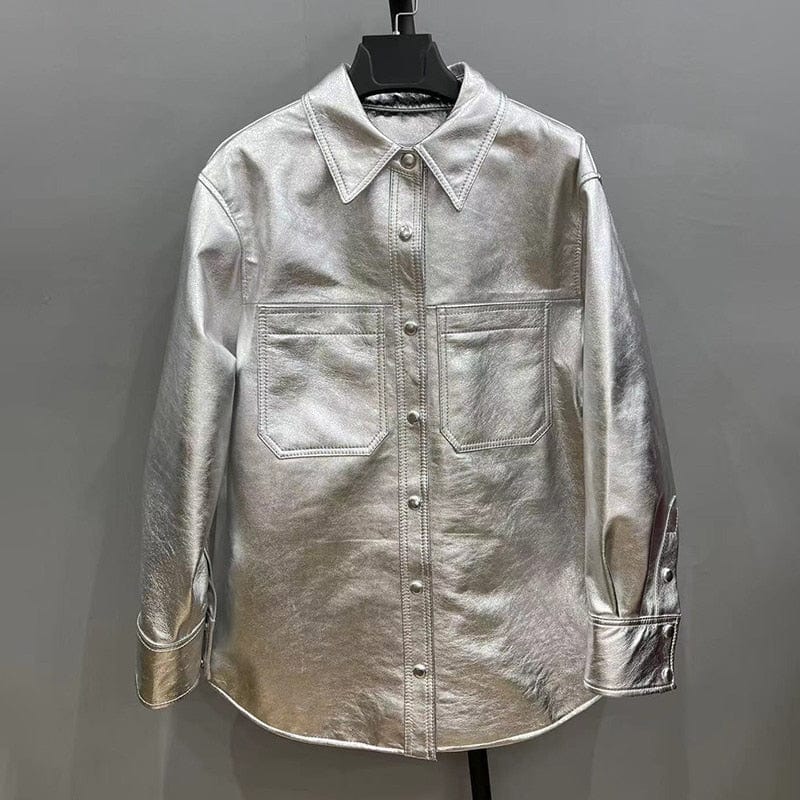 Teon Clothing Shop Women's Genuine Leather Shirt Gold Silver Leather Shirt