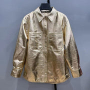 Teon Clothing Shop Women's Genuine Leather Shirt Gold Silver Leather Shirt