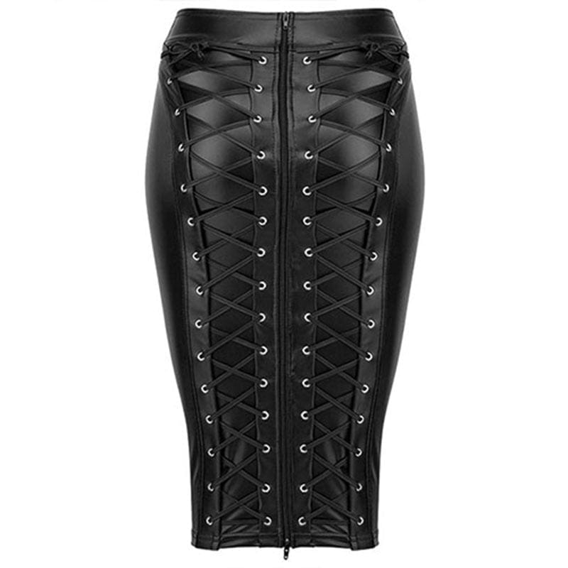 Teonclothingshop Women's Black PU Leather Stretch Knee Length Skirt