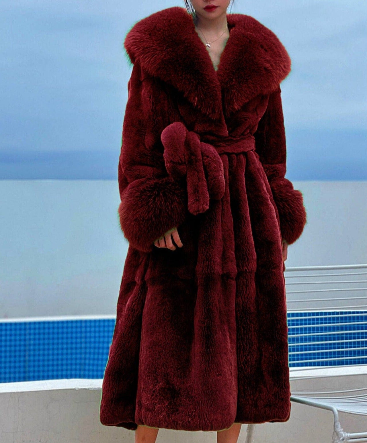 Teonclothingshop Wine red / S 2023. Long faux fur coat