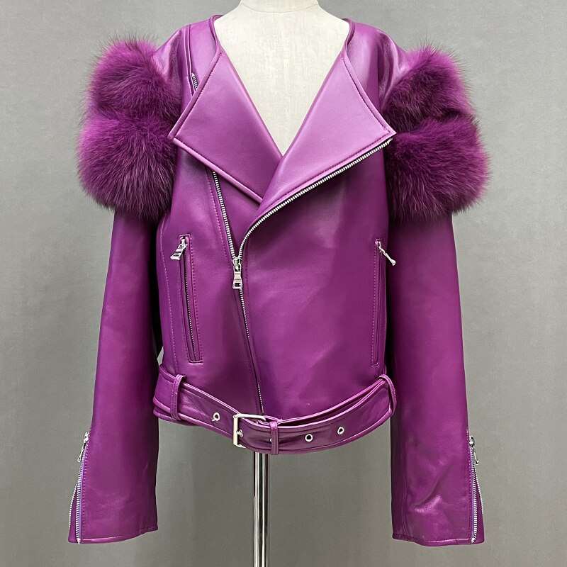 Teonclothingshop Purple / XS Coat Bust 88cm 2023 Luxury women's jackets made of real lambskin with fur