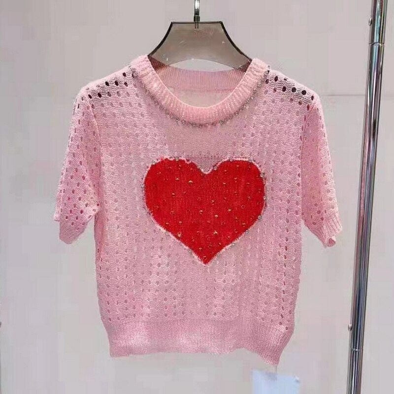 Teonclothingshop 2023 Summer Thin Hollow Out Short Sleeve Pullover Women's Round Neck Diamond Heart Knitted T-Shirt