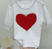 Teonclothingshop 2023 Summer Thin Hollow Out Short Sleeve Pullover Women's Round Neck Diamond Heart Knitted T-Shirt