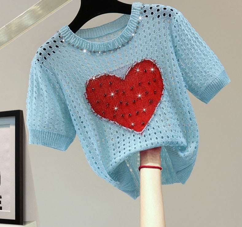 Teonclothingshop 2023 Summer Thin Hollow Out Short Sleeve Pullover Women's Round Neck Diamond Heart Knitted T-Shirt