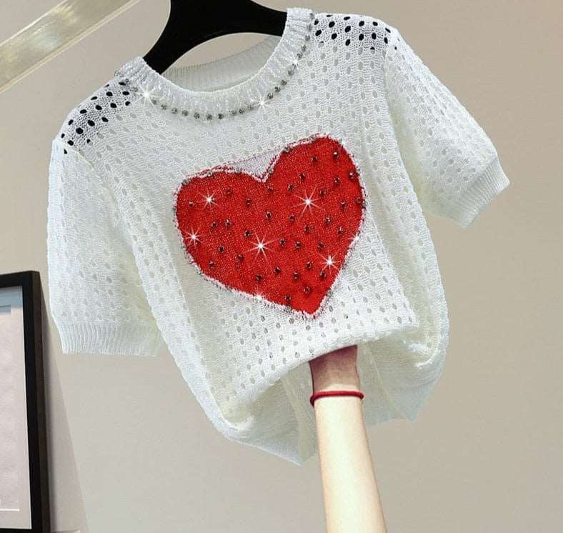 Teonclothingshop 2023 Summer Thin Hollow Out Short Sleeve Pullover Women's Round Neck Diamond Heart Knitted T-Shirt