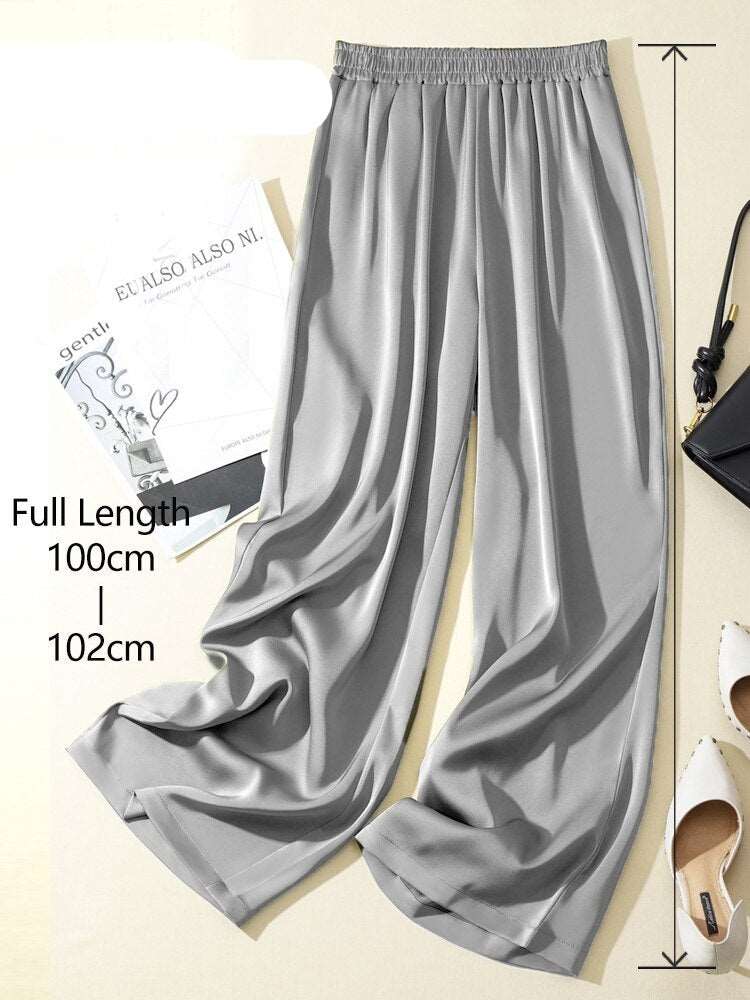 Teonclothingshop 2023 Summer Women's Pants Silk Satin Wide Leg Casual Solid Color High Waist Pants