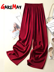 Teonclothingshop 2023 Summer Women's Pants Silk Satin Wide Leg Casual Solid Color High Waist Pants