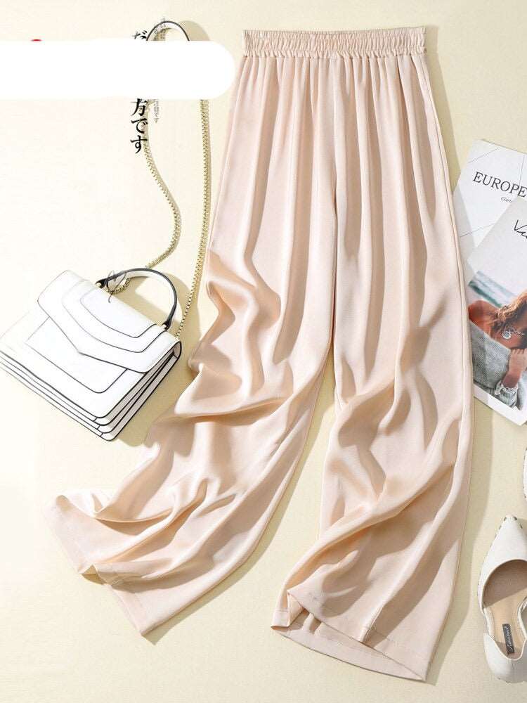 Teonclothingshop 2023 Summer Women's Pants Silk Satin Wide Leg Casual Solid Color High Waist Pants