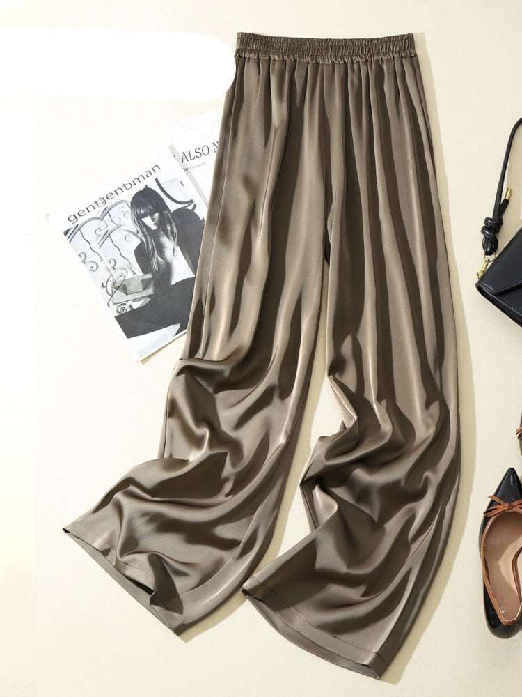 Teonclothingshop 2023 Summer Women's Pants Silk Satin Wide Leg Casual Solid Color High Waist Pants