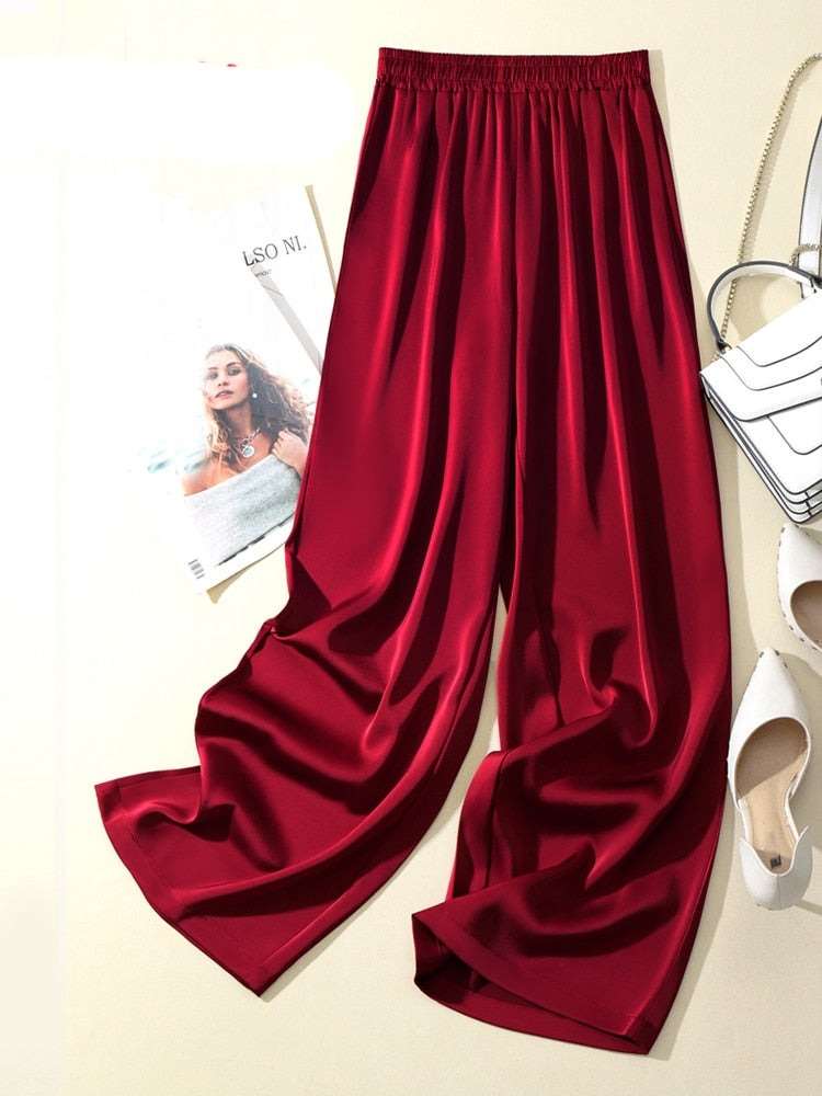 Teonclothingshop 2023 Summer Women's Pants Silk Satin Wide Leg Casual Solid Color High Waist Pants