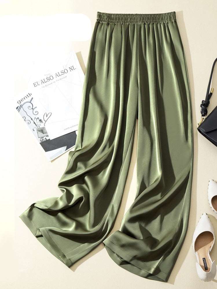 Teonclothingshop 2023 Summer Women's Pants Silk Satin Wide Leg Casual Solid Color High Waist Pants