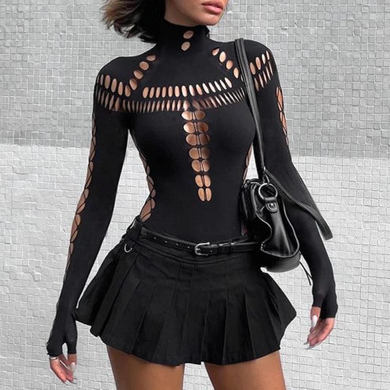 Teonclothingshop A tight hollowed-out gothic bodysuit with a high collar