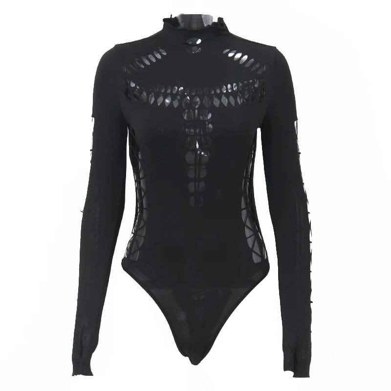 Teonclothingshop A tight hollowed-out gothic bodysuit with a high collar