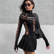 Teonclothingshop A tight hollowed-out gothic bodysuit with a high collar