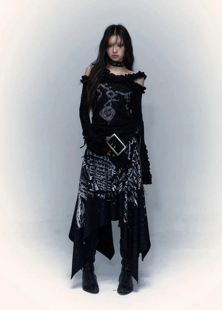 Person wearing a black, intricate outfit with a belt and gloves on a white background