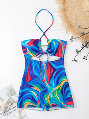 Teonclothingshop Allover Print Cut-out One Piece Swimsuit Halter Swimwear