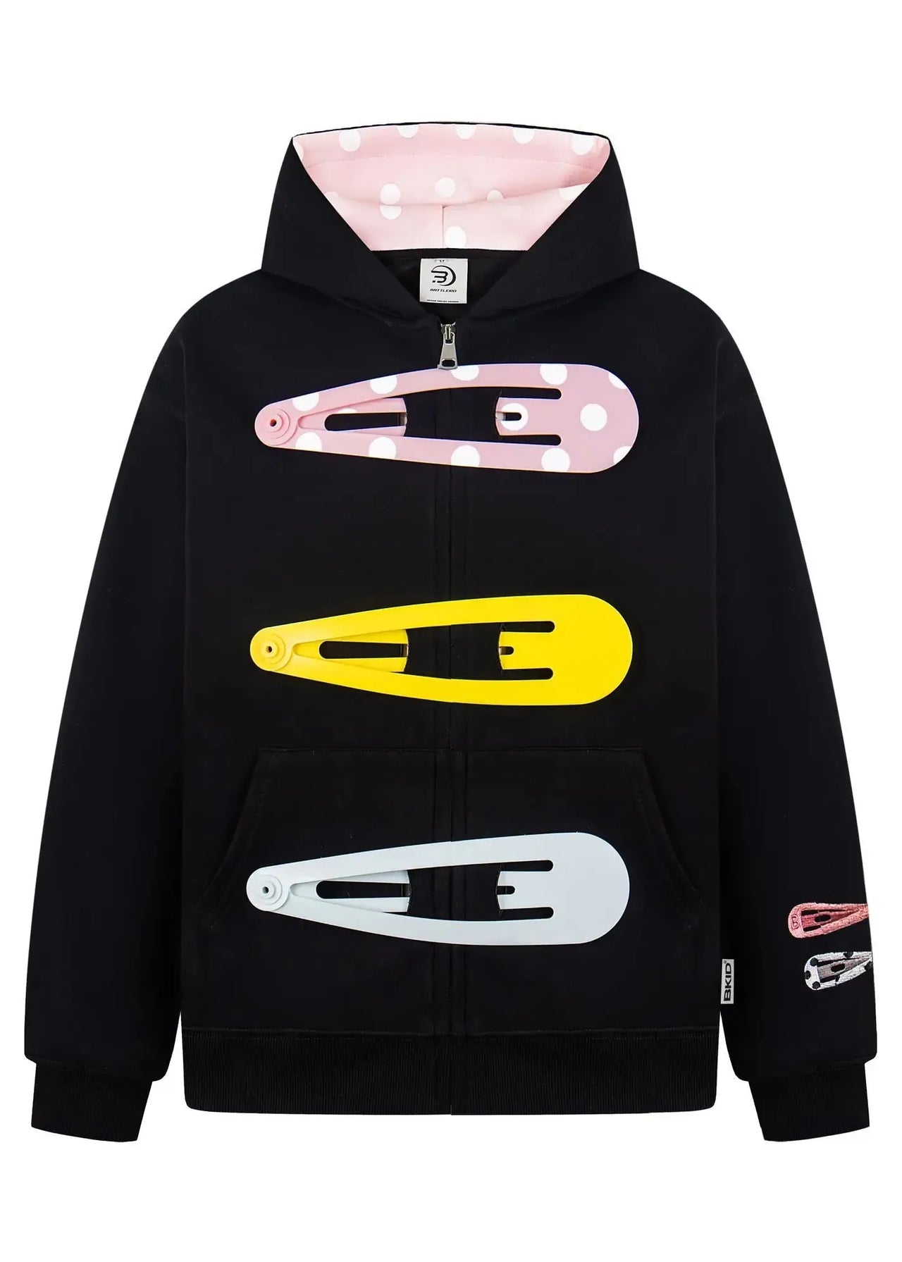 Black hoodie with colorful hair clip designs on a white background