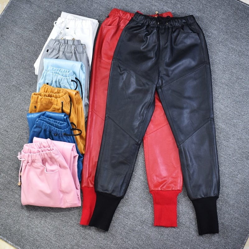 Teonclothingshop Autumn Winter Fashion Genuine Leather Drawstring Pants Women's Casual Leather Harem Pants