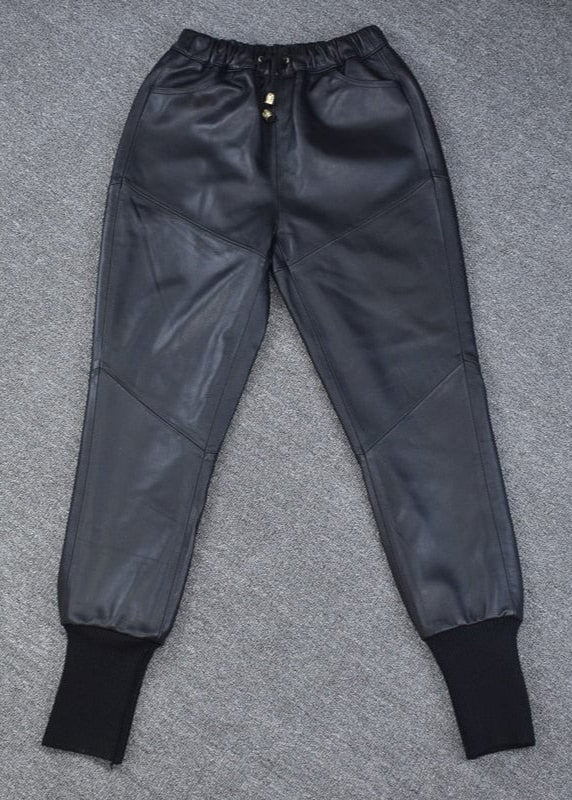Teonclothingshop Autumn Winter Fashion Genuine Leather Drawstring Pants Women's Casual Leather Harem Pants