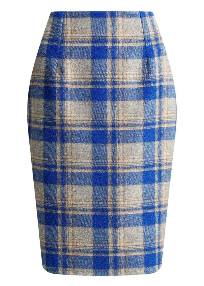 Blue and beige plaid skirt on a white background