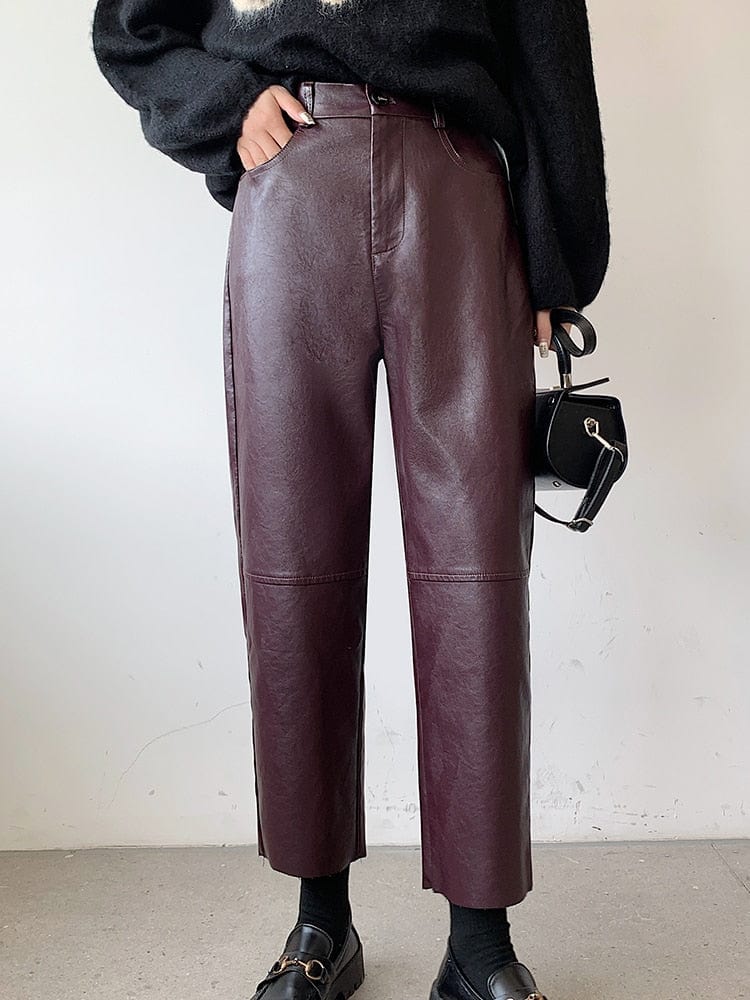 Teonclothingshop Autumn Winter PU Leather Pants Women's Elegant High Waist Pants with Faux Leather Pockets