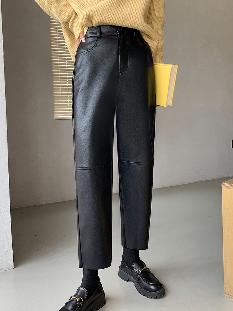 Teonclothingshop Autumn Winter PU Leather Pants Women's Elegant High Waist Pants with Faux Leather Pockets