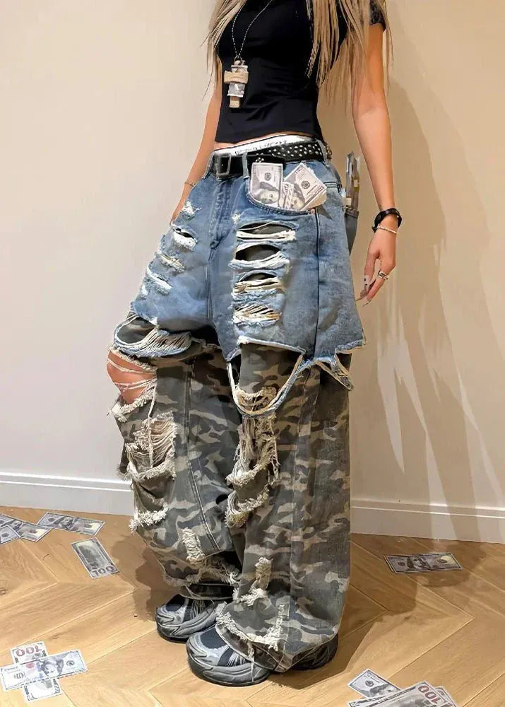 Baggy Ripped Stacked Straight-Leg Denim Pants
