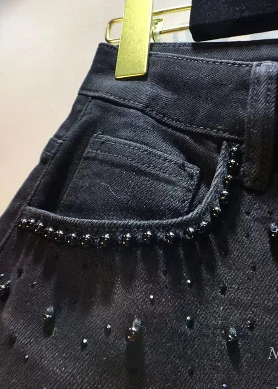 Black Denim Pants with Beading, Rhinestones & Crochet Splicing