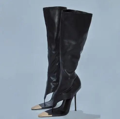 Teonclothingshop Black leather open toe high heel boots