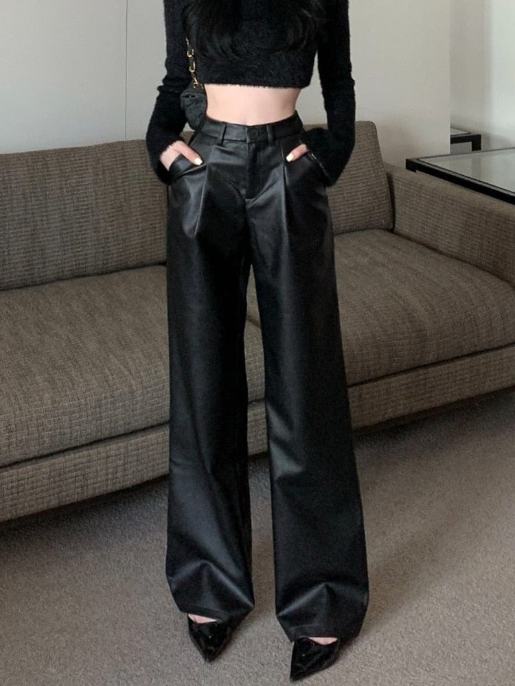 Teonclothingshop Black leather pants, Women's elegant casual high-waist wide leg pants