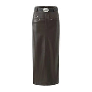 Teonclothingshop Black pencil skirt with a slit made of artificial leather