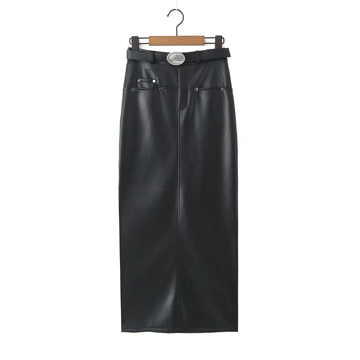 Teonclothingshop Black pencil skirt with a slit made of artificial leather