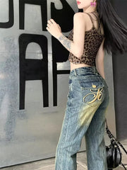 Teonclothingshop Blue Flare Jeans with Letter Embroidery