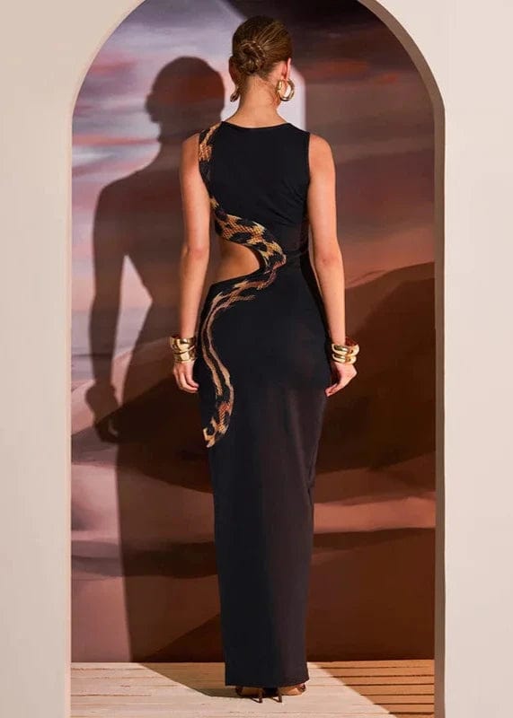 Teonclothingshop Bold and Chic: Black Cut-Out Snake Print Dress