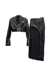 Teonclothingshop Bold Style: Stand Collar Leather Jacket and High Waist Skirt Set